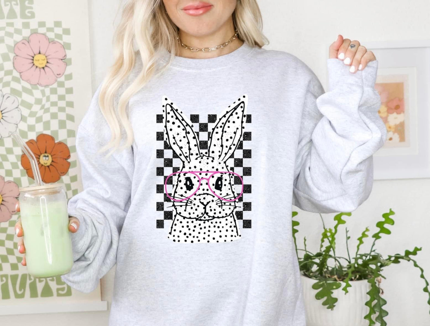 EASTER BUNNY BLACK CHECKERED "PINK GLASSES"