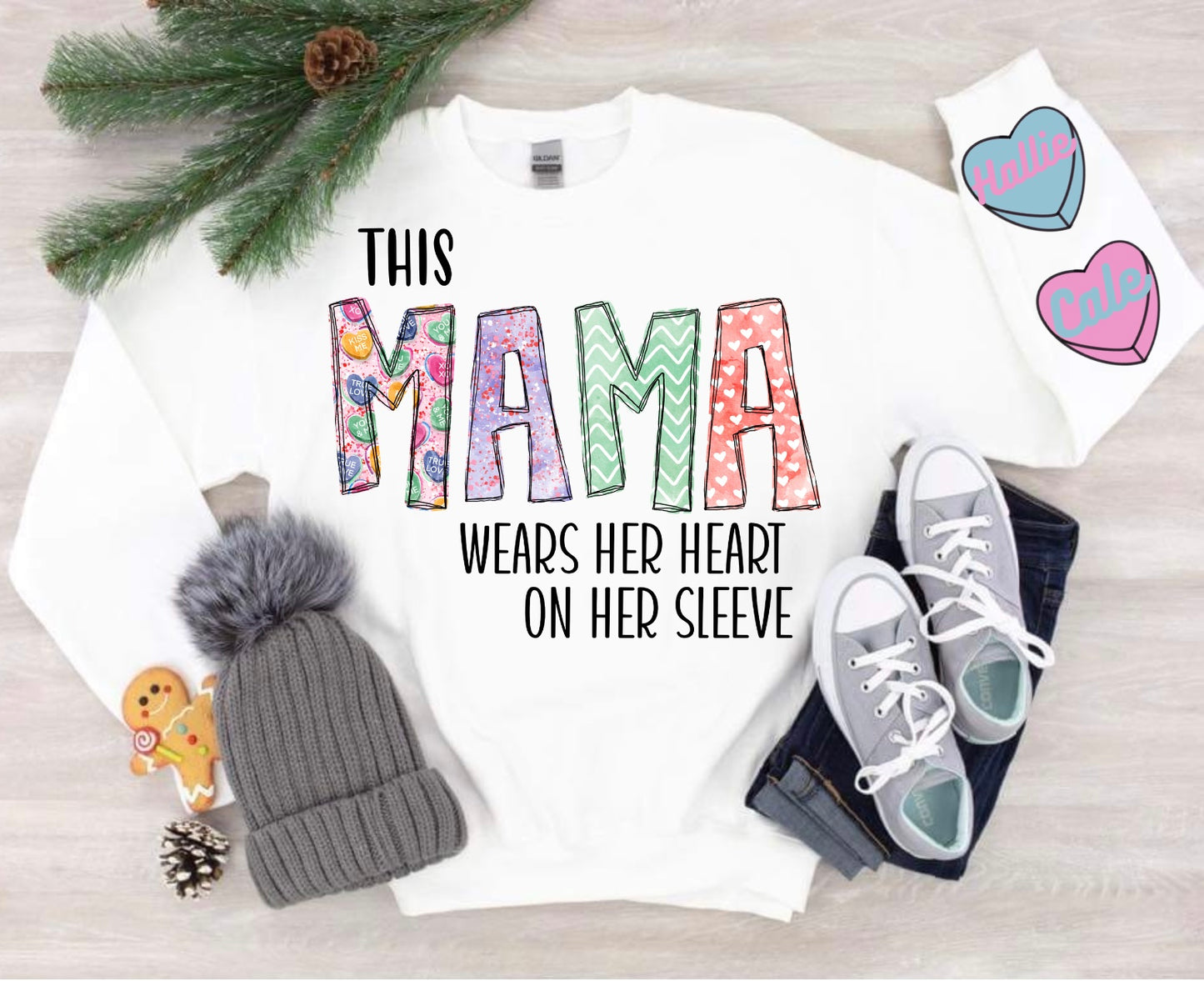 THIS MAMA WEARS HER HEART ON HER SLEEVE "CUSTOM HEARTS WITH CHILDS NAME"