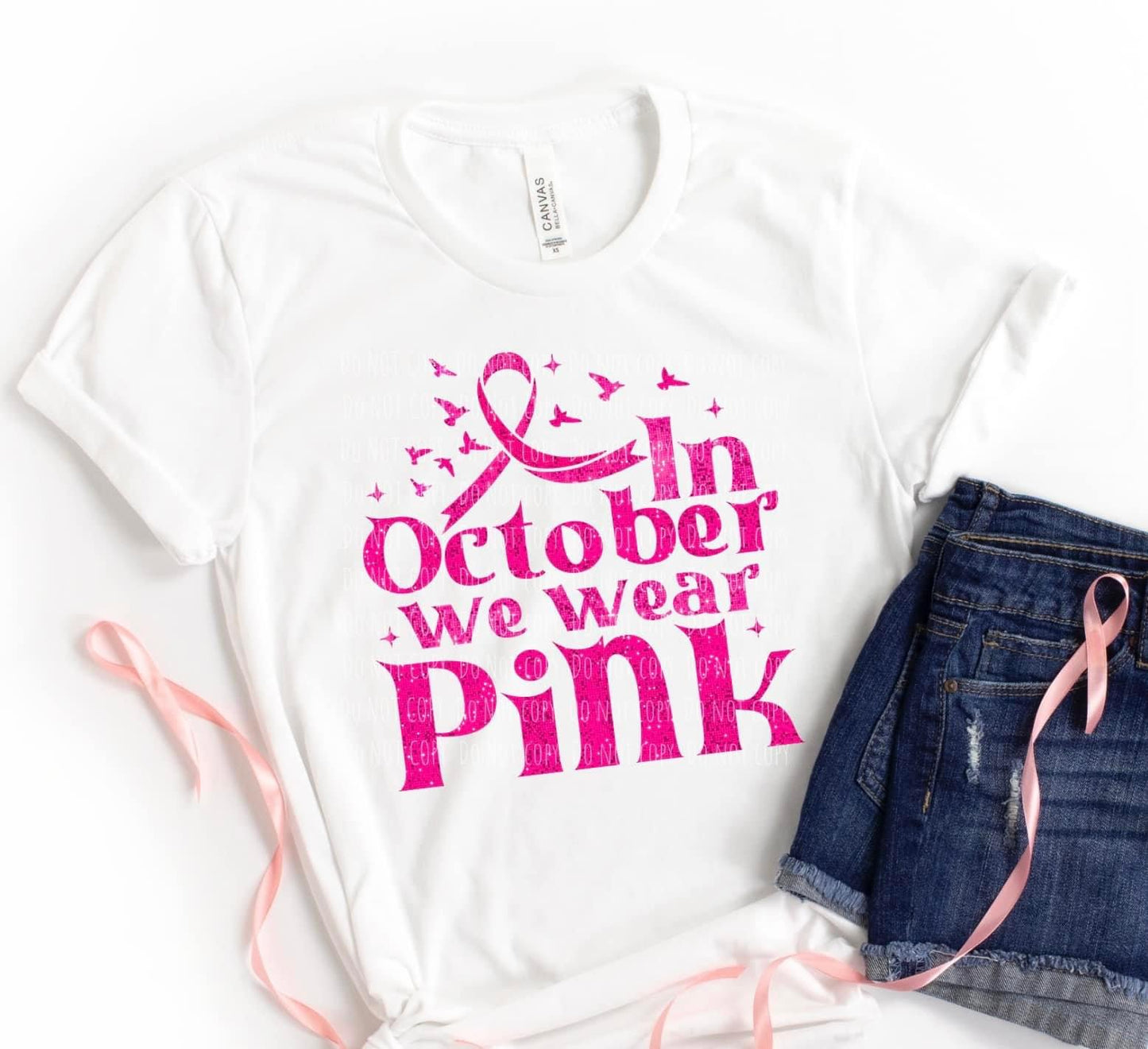 IN OCTOBER WE WEAR PINK "RB" "FAUX SEQUINS"